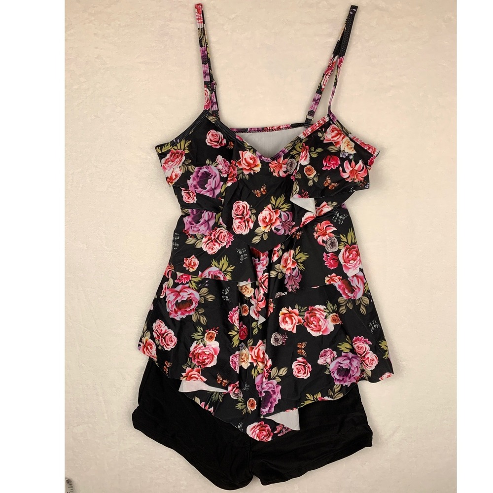 NWOT Floral Ruffle Tankini Set Black Floral Print Boy Short Swimsuit Sz Small